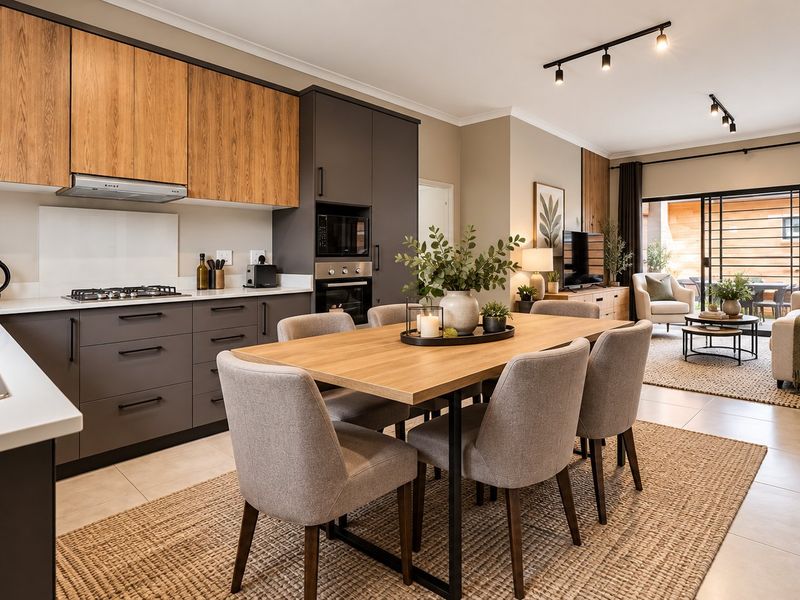 Modern open-plan kitchen and dining area featuring sleek cabinetry, integrated appliances, and seamless flow to the outdoor patio through large sliding glass doors.