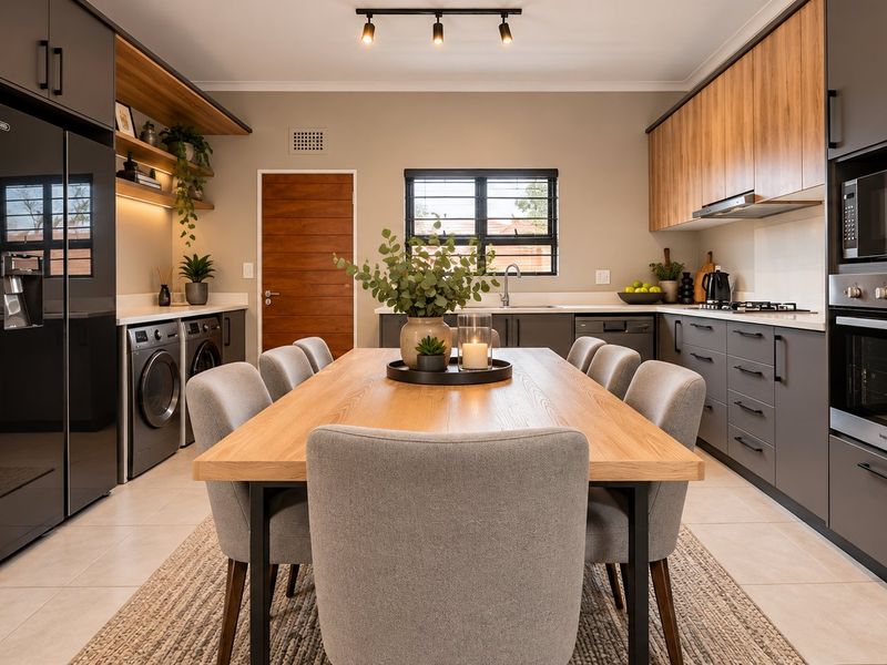 Modern open-plan kitchen and dining area featuring sleek cabinetry, integrated appliances, built-in laundry facilities, and contemporary track lighting.