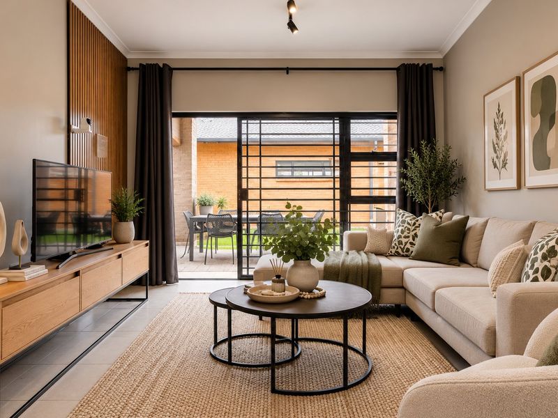 Modern living room featuring a decorative slatted timber wall, tiled flooring, and large sliding glass doors providing seamless access to the outdoor patio area.