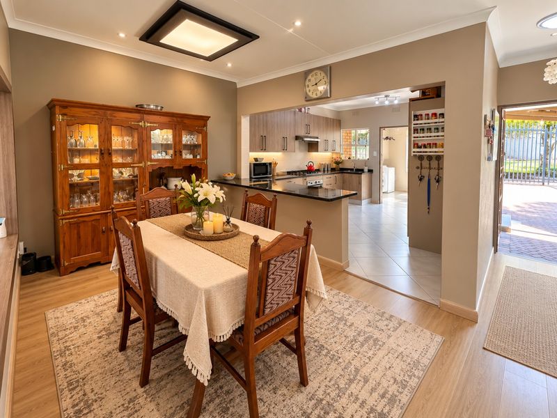 Open-plan dining area flowing into a well-appointed kitchen with granite countertops, modern cabinetry, and integrated appliances, leading to an outdoor patio entrance.