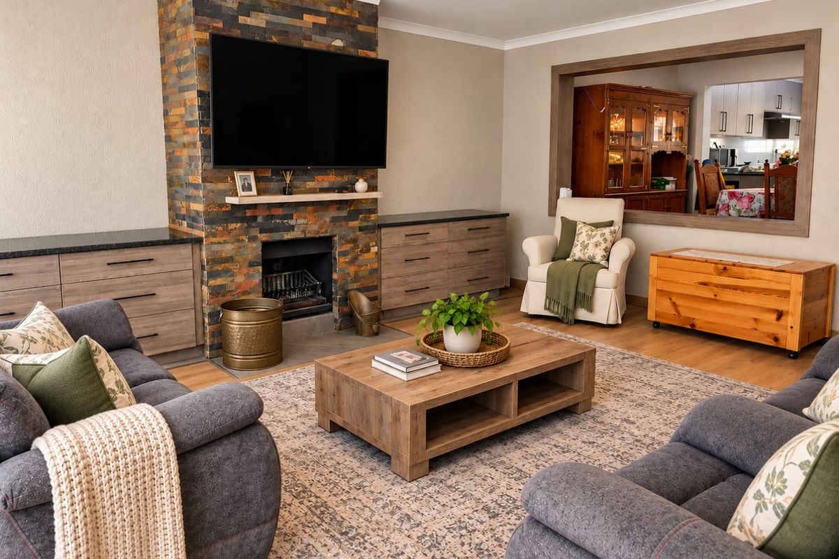 A comfortable living room featuring a striking stone-clad fireplace, built-in cabinetry, and a convenient pass-through window connecting to the kitchen area.