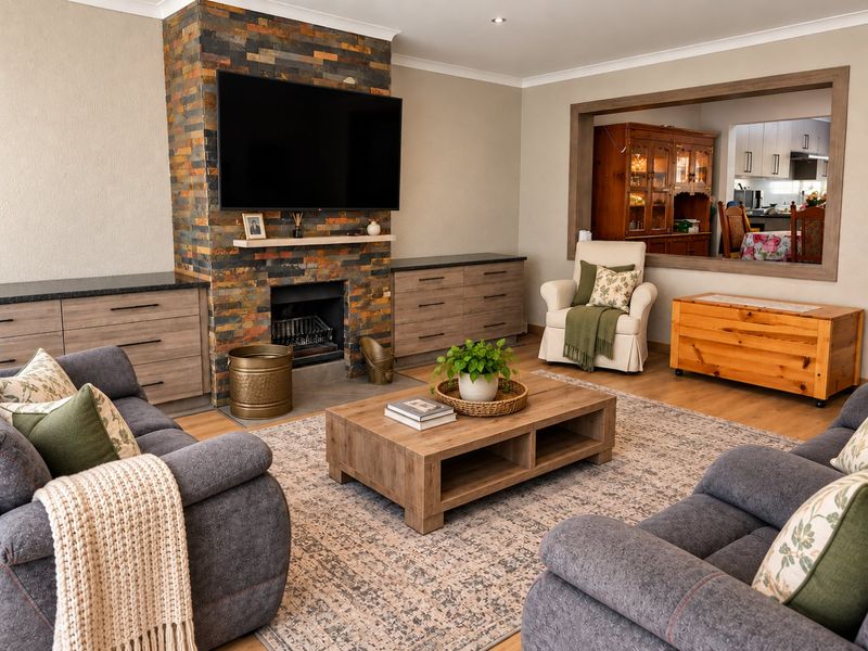 A comfortable living room featuring a striking stone-clad fireplace, built-in cabinetry, and a convenient pass-through window connecting to the kitchen area.