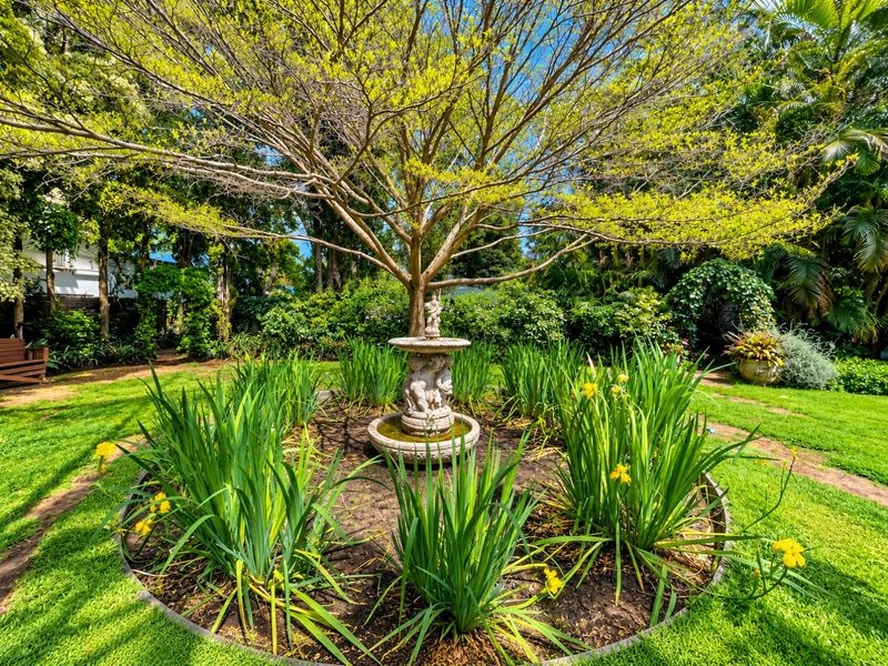 A beautifully landscaped garden featuring a central stone fountain surrounded by lush greenery and a mature tree.