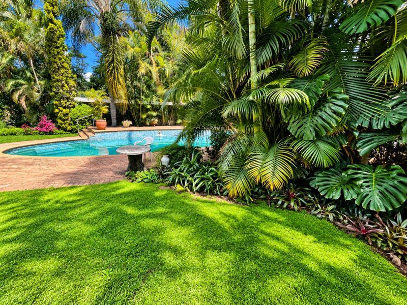 A lush, well-maintained garden area featuring a swimming pool with brick paving and mature tropical landscaping.