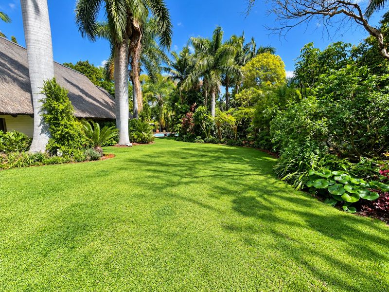 A lush, well-maintained garden featuring mature palm trees and a view of a thatched roof structure.