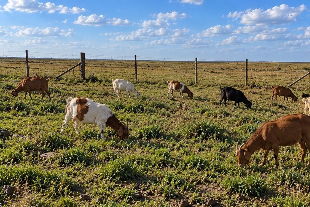 A wide, open residential land plot featuring natural grass terrain and perimeter wire mesh fencing with wooden posts.