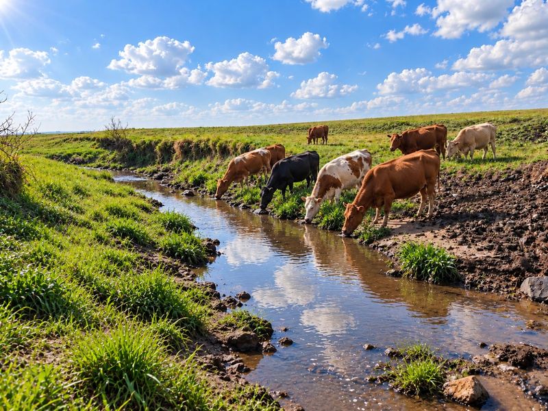 A scenic view of a natural stream flowing through open pasture land, suitable for agricultural or residential development.