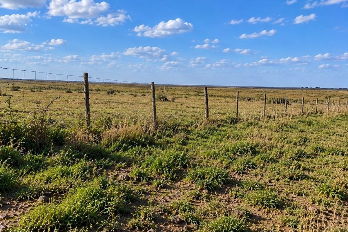 A wide, open expanse of vacant residential land featuring natural grass terrain and perimeter wire fencing with wooden posts.