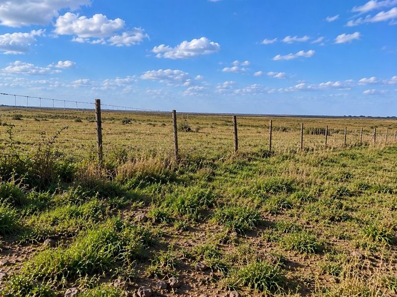 A wide, open expanse of vacant residential land featuring natural grass terrain and perimeter wire fencing with wooden posts.