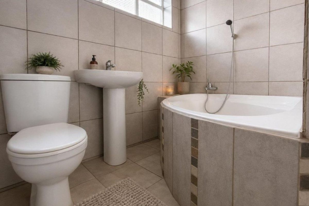 A well-maintained bathroom featuring a pedestal basin, toilet, and a tiled built-in bathtub with a handheld shower mixer.