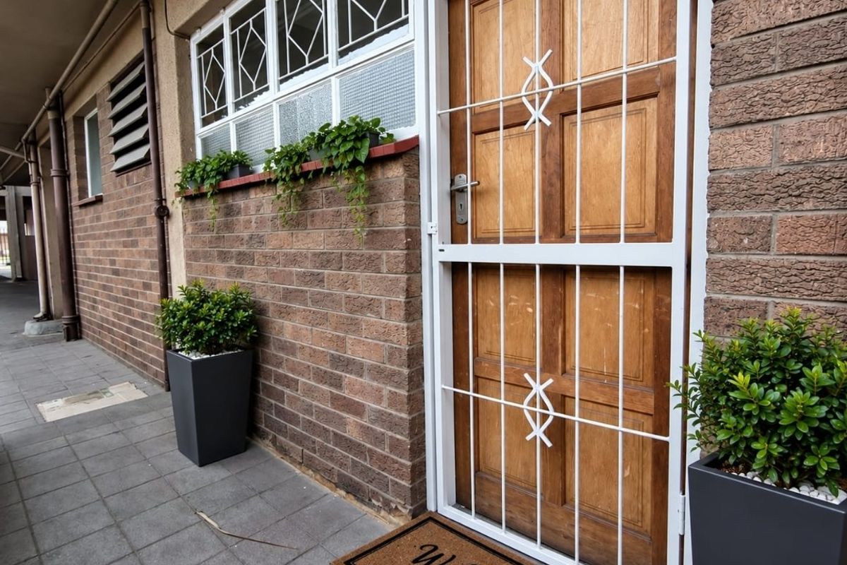 Entrance area featuring a solid timber door with a white security gate, set against a brick facade with tiled flooring.