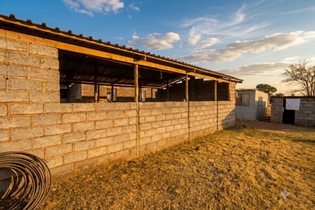 An unfinished open-sided farm structure featuring cinder block walls and a corrugated metal roof, set within a rural landscape.