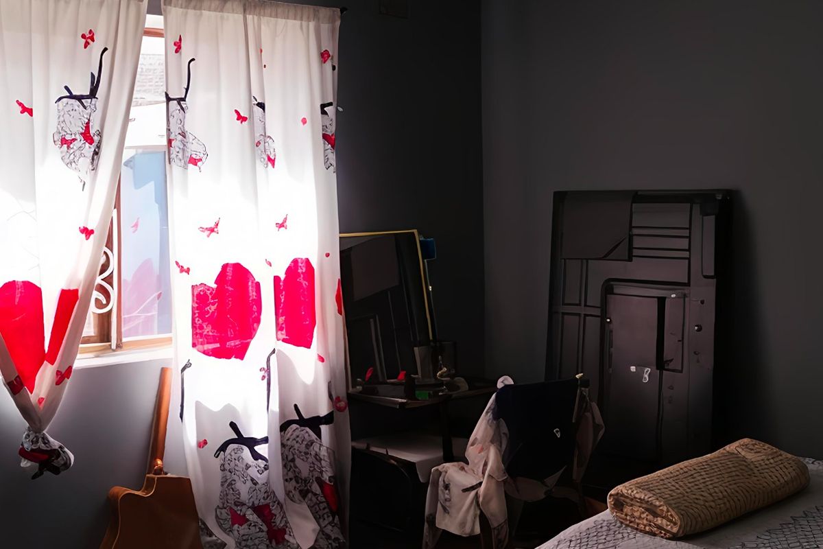 A bedroom featuring dark painted walls and natural light entering through a window with patterned curtains.