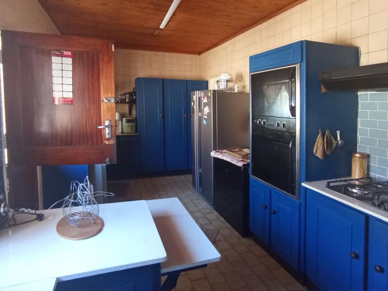 A functional kitchen featuring blue built-in cabinetry, a gas hob, integrated oven, and a timber ceiling with tiled wall finishes.