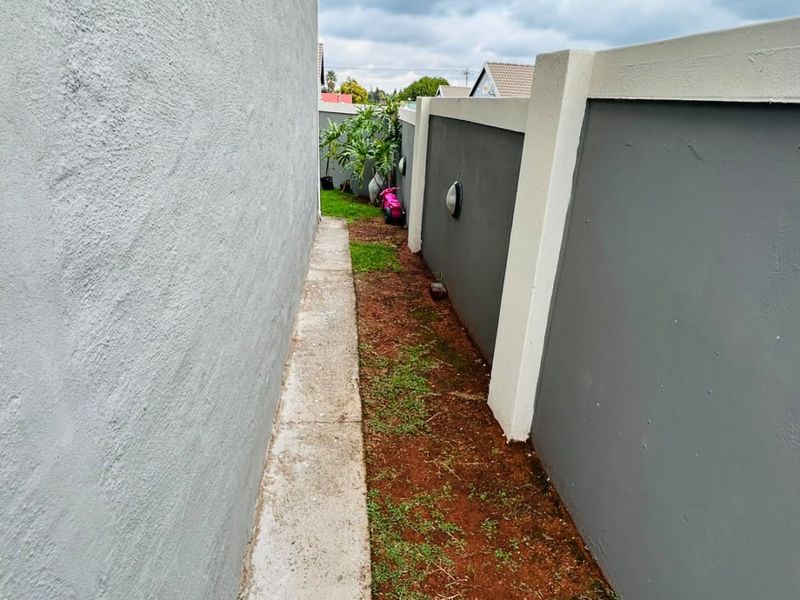 A narrow side passage featuring a concrete walkway, boundary wall with integrated lighting, and an area of exposed soil requiring landscaping.