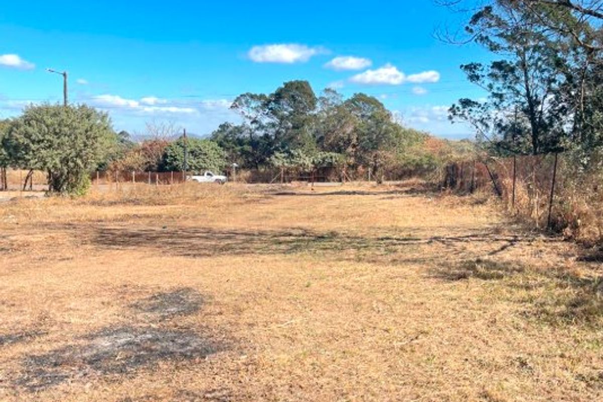 An expansive, undeveloped plot of land featuring dry grass, perimeter wire fencing, and mature trees in the background.