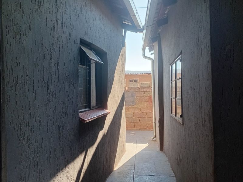 A narrow side passage between two exterior walls featuring textured finishes, concrete paving, and a rear boundary wall.
