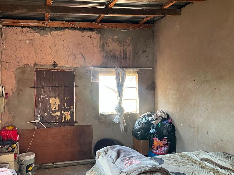A bedroom featuring exposed timber roof trusses and corrugated metal ceiling with significant wall plaster deterioration and visible structural wear.