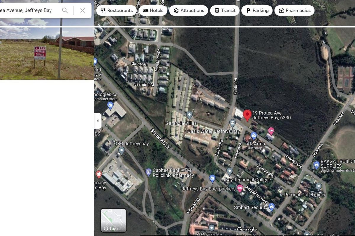 An aerial map view showing the location of the property in Jeffreys Bay, including surrounding streets and local landmarks.