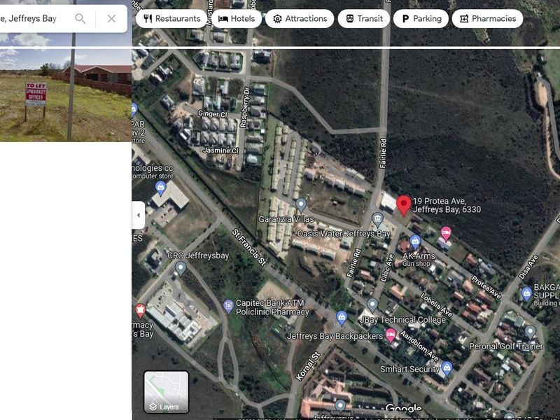 An aerial map view showing the location of the property in Jeffreys Bay, including surrounding streets and local landmarks.