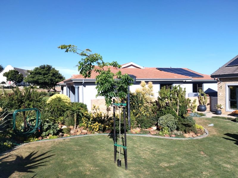 A well-maintained rear garden featuring a manicured lawn, established landscaping, and a house exterior equipped with roof-mounted solar panels.