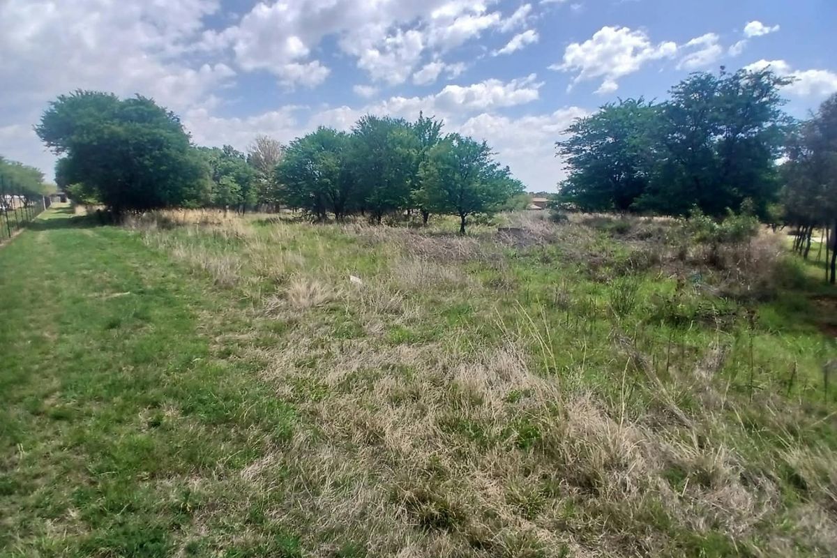 A view of a vacant residential plot featuring natural grass cover and mature trees along the perimeter.