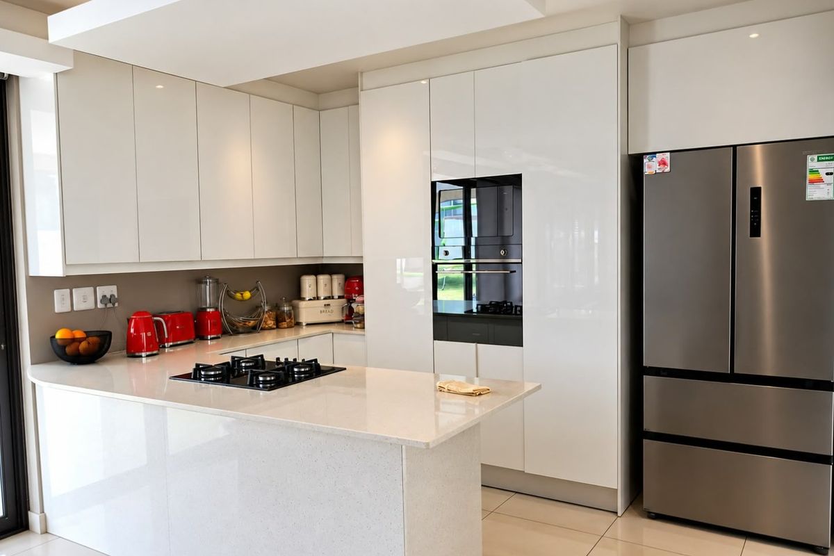 Modern kitchen featuring high-gloss white cabinetry, stone countertops, a central island with a gas hob, and integrated built-in oven.