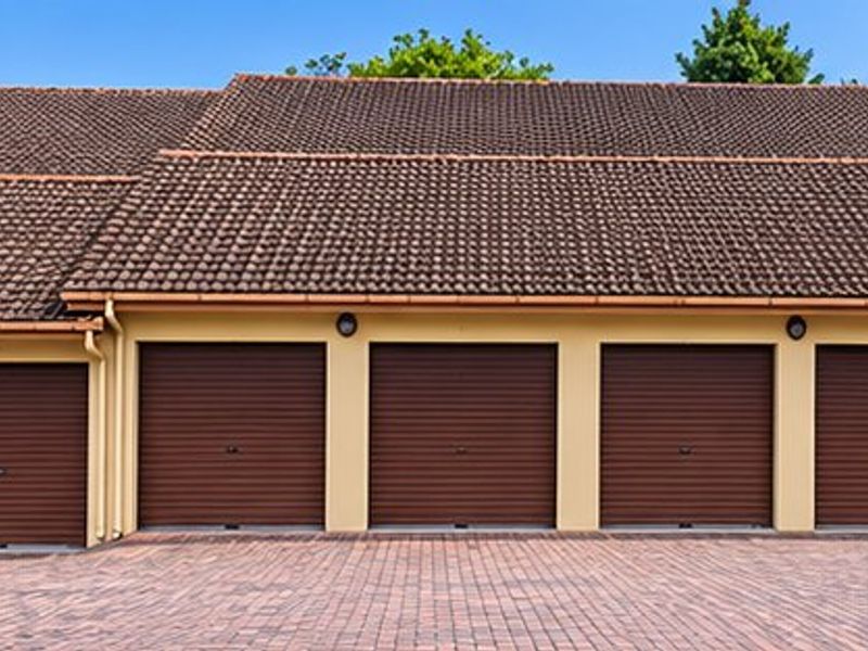 Exterior view of a residential apartment complex featuring five individual roller garage doors and a paved driveway area.
