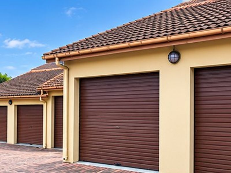 A well-maintained row of garages featuring brown roller shutter doors, tiled roofing, and a clean brick-paved driveway area.