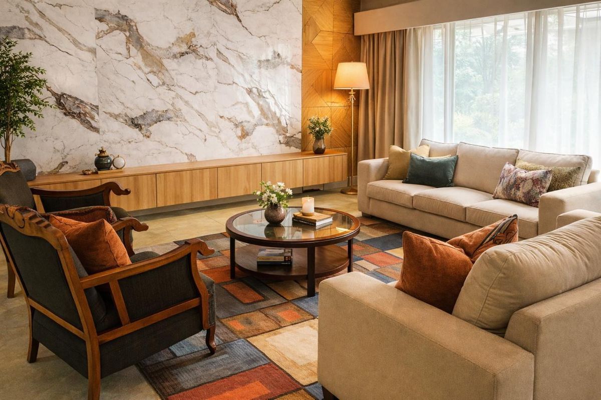 A sophisticated living room featuring a striking marble accent wall, custom built-in cabinetry, and large windows that provide ample natural light.