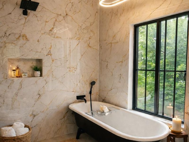 Luxurious bathroom featuring a freestanding bathtub, marble-look wall tiles, exposed timber ceiling beams, and a large window with a garden view.