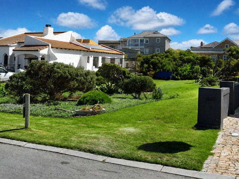 A well-maintained residential front garden with a manicured lawn, established shrubs, and a paved driveway entrance.