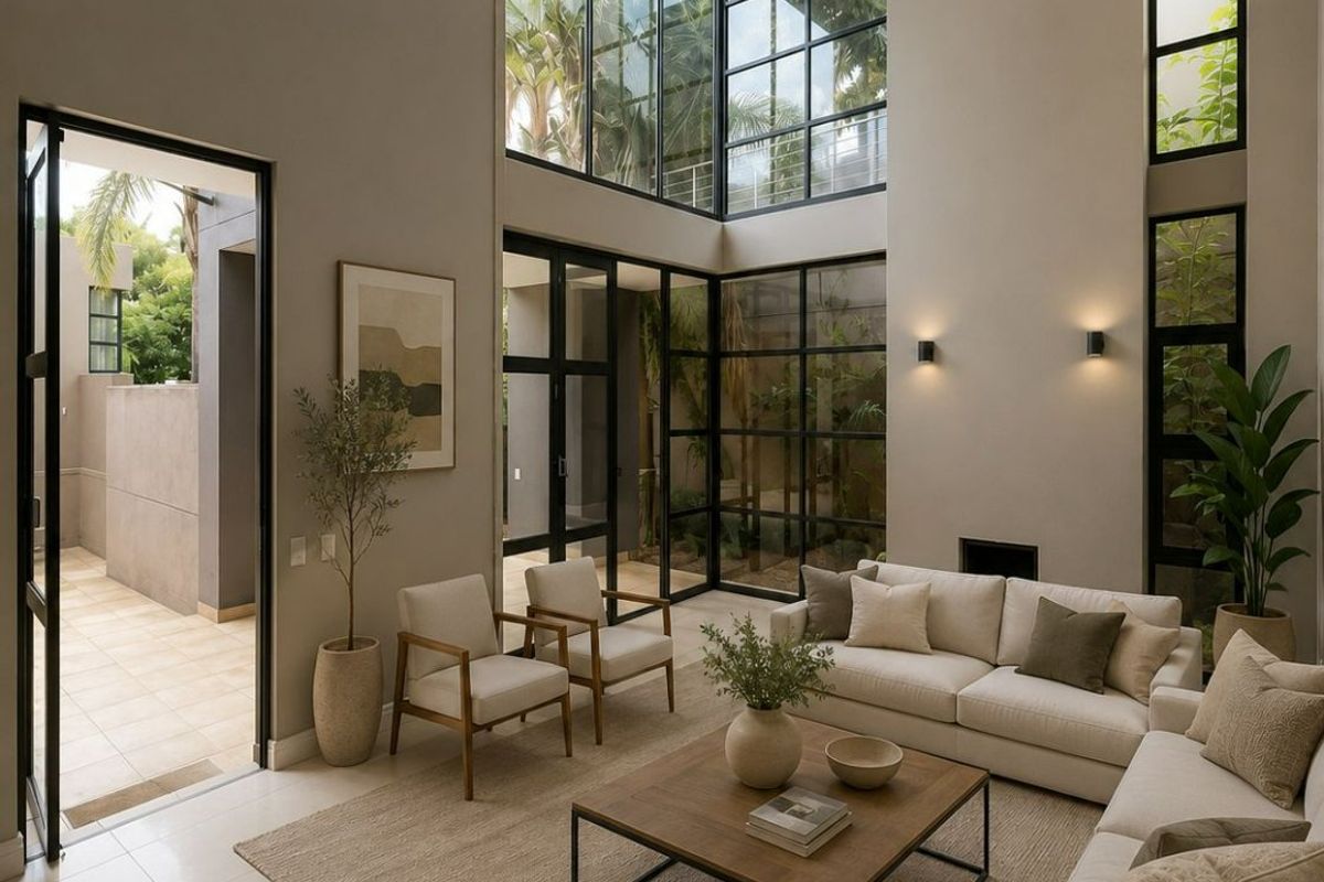 Spacious double-volume living room featuring floor-to-ceiling steel-framed windows, a large skylight, and modern recessed lighting, creating a bright and airy atmosphere.