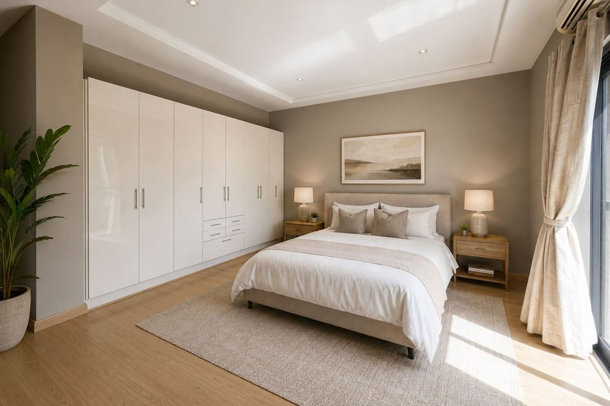 A well-appointed bedroom featuring a large built-in wardrobe, tray ceiling with recessed lighting, timber flooring, and direct access to an outdoor area.
