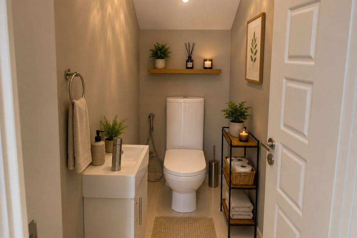 A compact, modern guest bathroom featuring a sleek vanity basin, a wall-mounted toilet with bidet spray, and minimalist floating shelving.