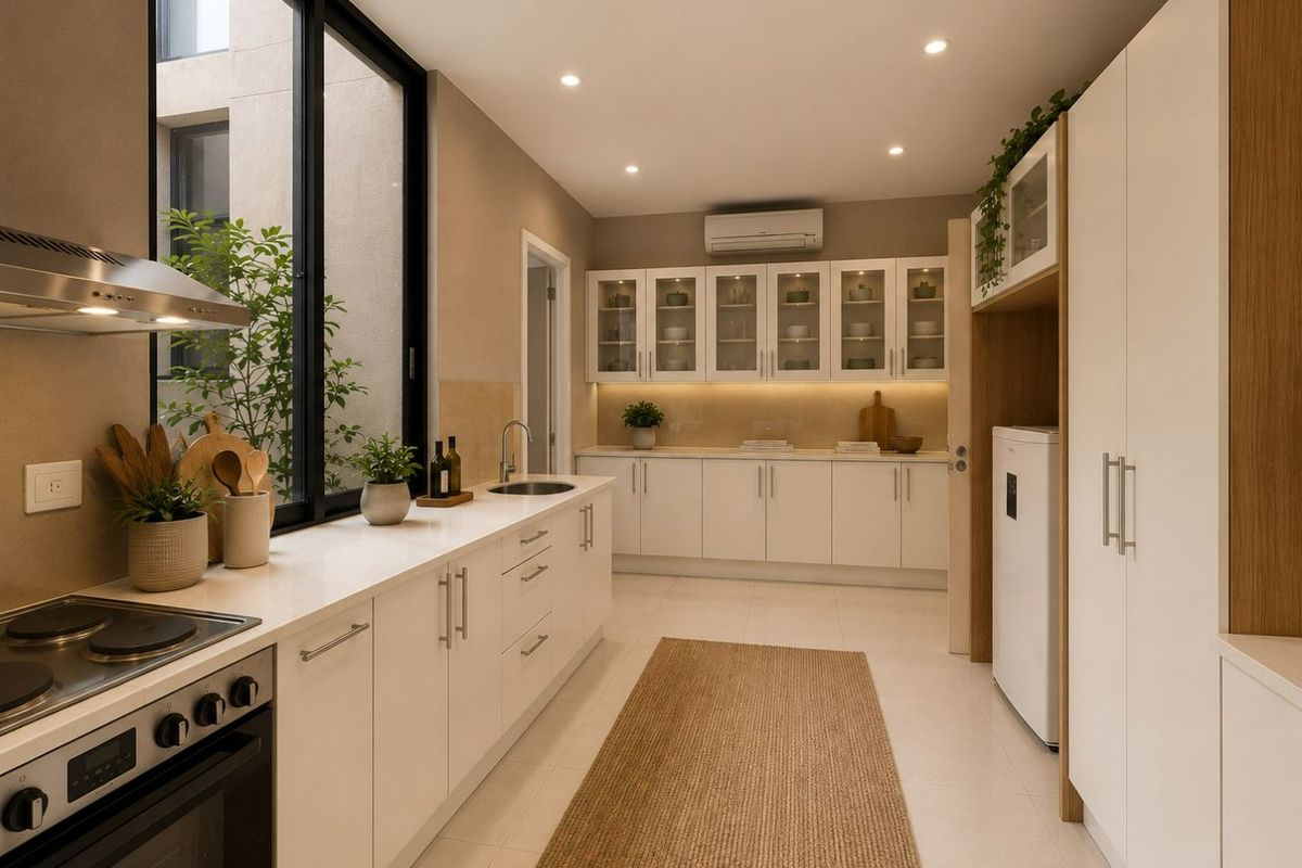 Modern, well-lit kitchen featuring sleek white cabinetry, stone countertops, integrated appliances, and large windows overlooking a private courtyard.