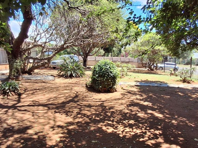 A spacious garden area featuring mature trees, established landscaping, and metal perimeter fencing, providing a natural outdoor setting.