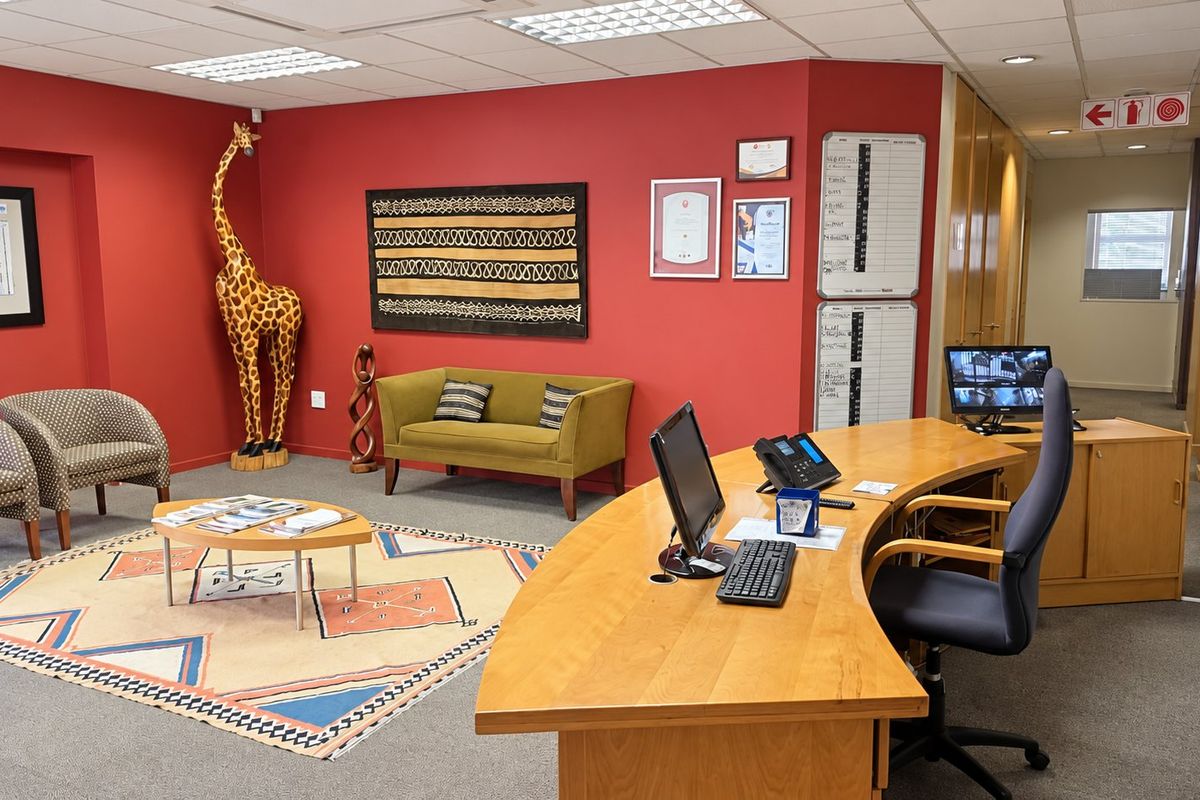A professional commercial office space featuring a reception desk, waiting area, carpeted flooring, and recessed ceiling lighting.