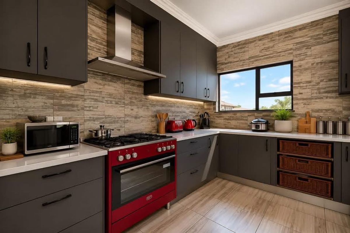 Modern kitchen featuring dark cabinetry, stone countertops, a red freestanding gas stove with extractor, and wood-look tiled flooring.