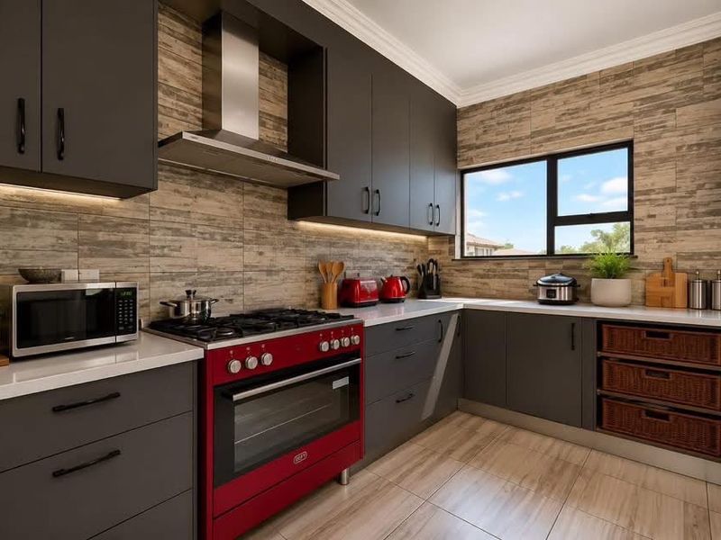 Modern kitchen featuring dark cabinetry, stone countertops, a red freestanding gas stove with extractor, and wood-look tiled flooring.