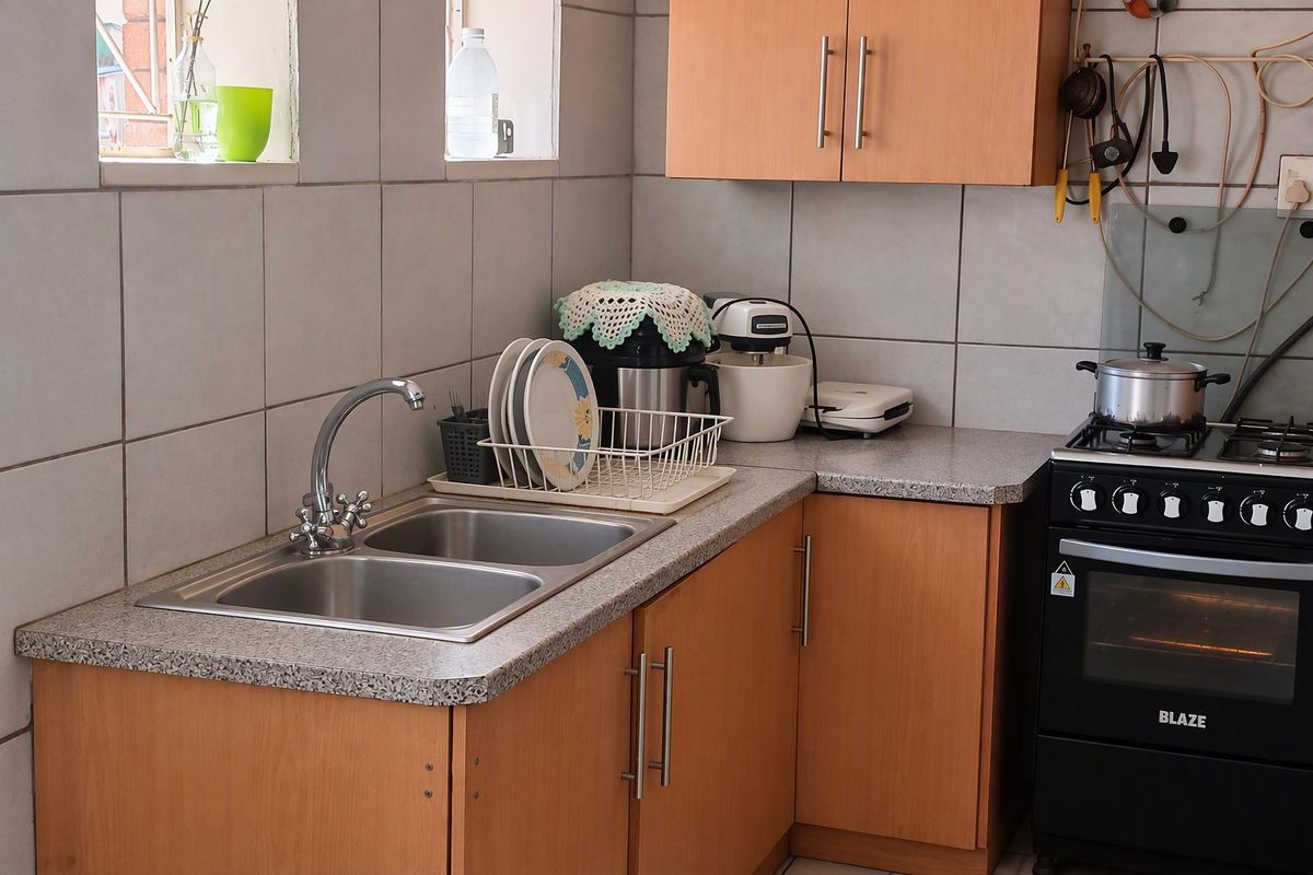 A functional kitchen featuring wooden cabinetry, laminate countertops, a double bowl stainless steel sink, and a freestanding gas stove.