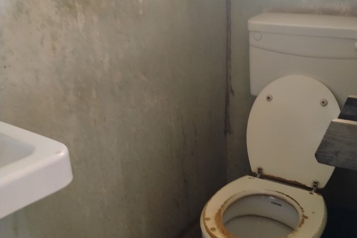 A small bathroom space featuring a standard toilet and washbasin, currently requiring significant renovation and surface repairs to improve its condition.