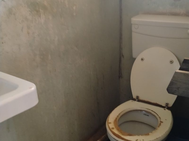 A small bathroom space featuring a standard toilet and washbasin, currently requiring significant renovation and surface repairs to improve its condition.