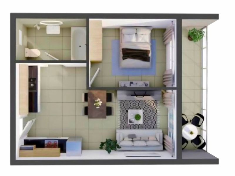 A 3D floor plan layout of an apartment featuring a bedroom, bathroom, open-plan living and dining area, and a balcony.