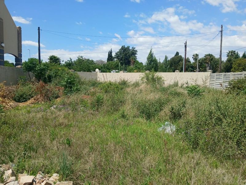 A vacant residential plot featuring overgrown vegetation, enclosed by a perimeter wall with visible utility poles in the background.