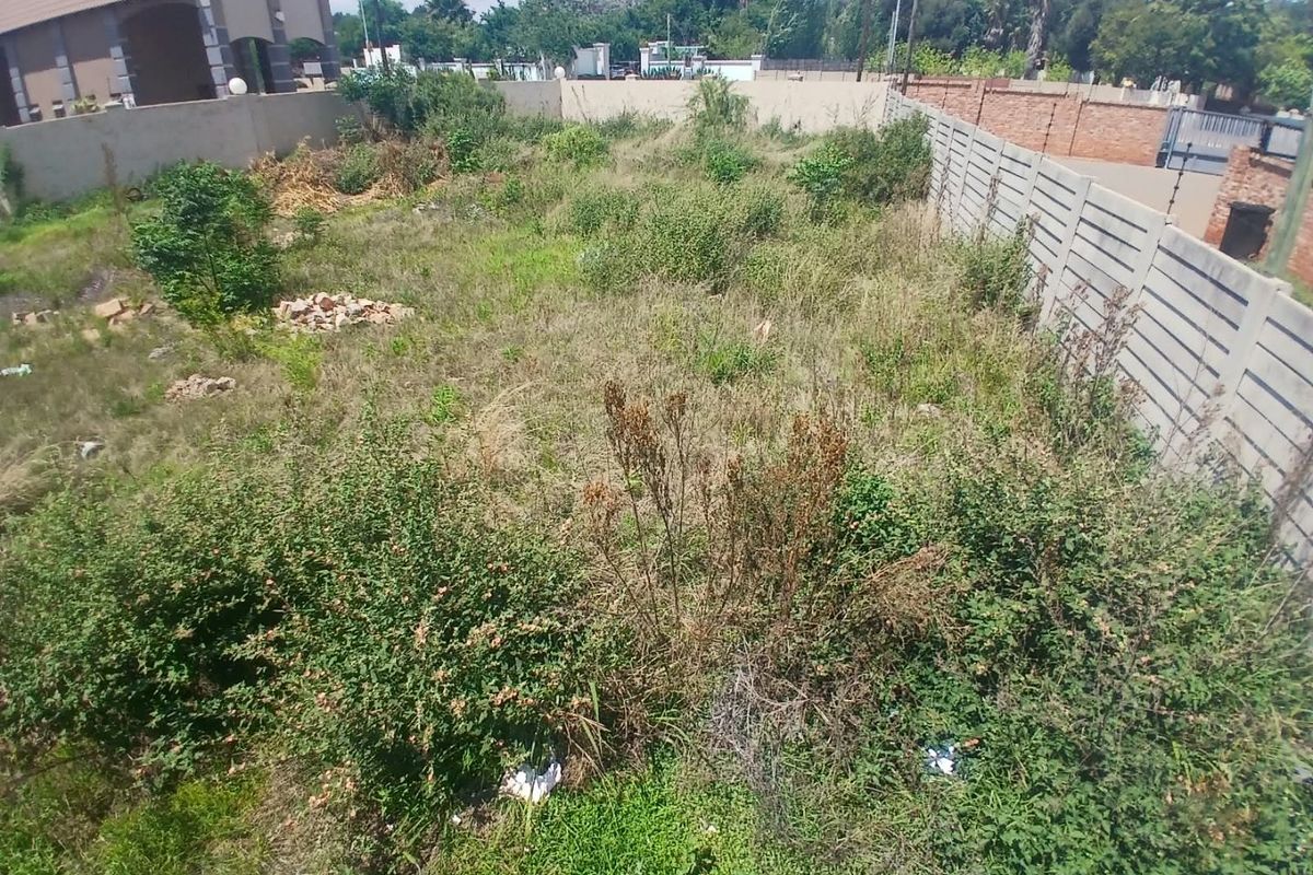 A vacant residential plot featuring overgrown vegetation and enclosed by precast concrete and brick boundary walls.