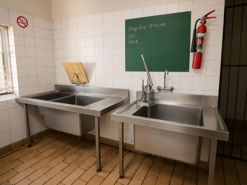 Commercial scullery area featuring stainless steel sinks, wall-mounted faucets, and durable tiled surfaces, suitable for food preparation or utility tasks.