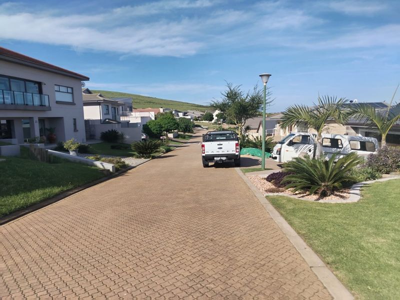 A view of a residential street featuring paved driveways, landscaped verges, and modern house facades under a clear sky.