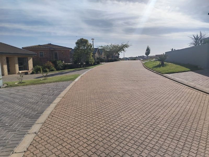 A view of the paved residential street and driveway approach within the estate, featuring well-maintained paving and boundary walls.