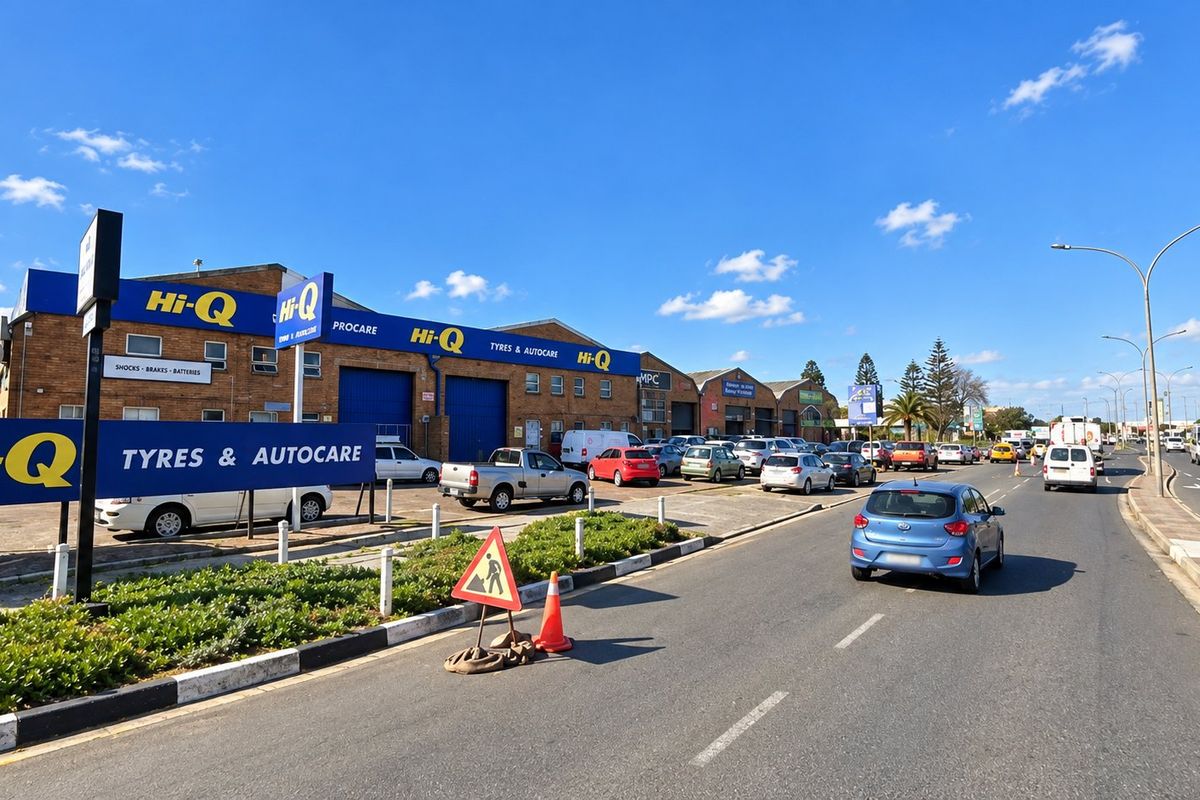Street view of an industrial complex featuring multiple warehouse units with prominent signage, situated along a busy road with established infrastructure.